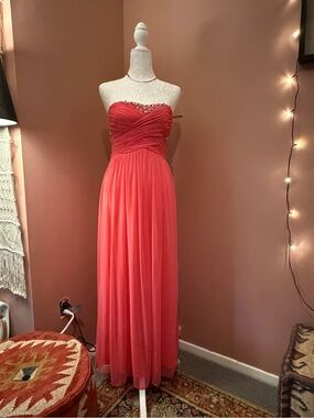 Strapless Coral Evening Gown with Beaded Sweetheart Neckline